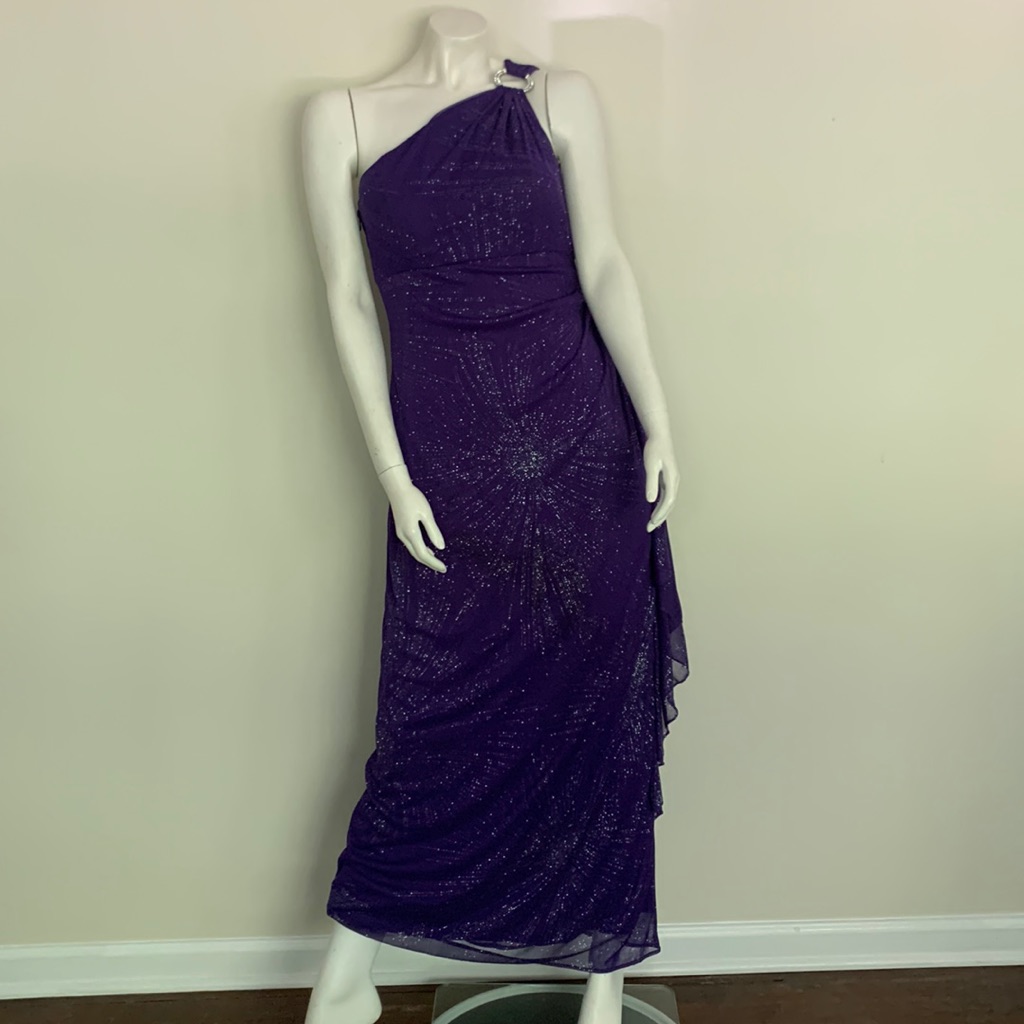 R&M Richards Purple Glitter One Shoulder Maxi Dress Size 10